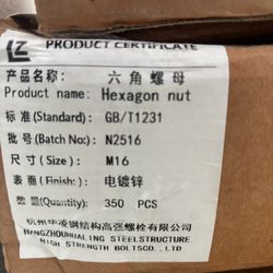 M16 Hex Nuts, Zinc Plated, New – 350 Count