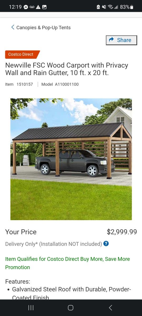 Newville FSC Wood Carport with Privacy Wall and Rain Gutter 10 ft. x 20 ft. $2500