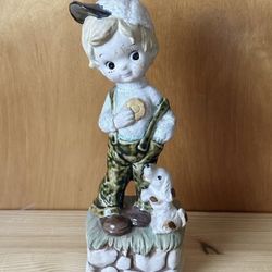 Vintage 1973 Musical Ceramic Boy With Dog 9.5” Tall Japan Music Box Figurine