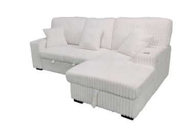 Ivory Corduroy Storage Sleeper Sectional w/ Dual Cupholders & USB Ports