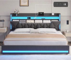 King Size Bed Frame with Storage Headboard and LED Lights, Upholstered