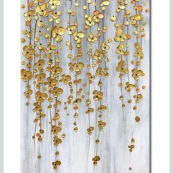 Yotree Paintings, 24x48 Inch Painting Oil Hand Painting Silver-gold Flowers Paintings 3D Hand-Painted On Canvas Abstract Artwork Art Wood Inside Frame