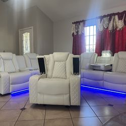 White 3pc Recliners New Box LED 