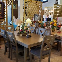 Gray Pedestal Dining Table + 6 Chairs