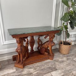 Antique Hardwood Wall Table with Egyptian Sphinx Pillared Base & Marble Top