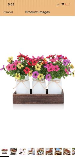 3 Pack Small Artificial Blooms Mason Jar Flower Table Centerpiece Tiered Tray Decor with Wood Tray UV and All Weather Resistant Floral for Spring Summ
