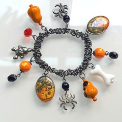 Vintage Halloween Charm Bracelet Pumpkin Ghost Spider 6.75"