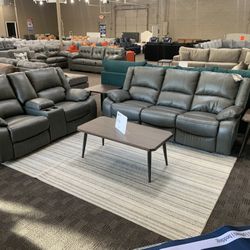 Gray Leather Reclining Sofa Set 