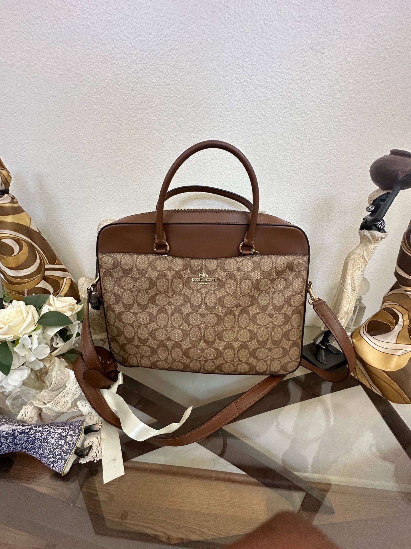 Coach Signature Logo Laptop Briefcase Bag Brown/Beige Detachable Strap Zip
