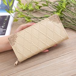 Korean Embossed Rhombus Elongated Wallet Hollow Corner Multi-card Position Handbag (Khaki)