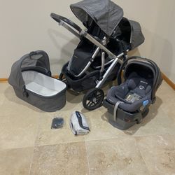 Uppababy Vista V2 Double Stroller With Car Seat And Bassinet Grey