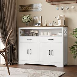 47.2''W Kitchen Sideboard Buffet Cabinet with 2 Drawers & Open Shelf, Wood 4 Doors Storage Cabinet with Adjustable Shelves for Dining Room, White