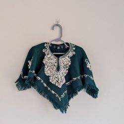 Pakistani Embroidered Kashmiri Woolen Poncho Kaftan, Kids Size, Green/White