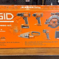 RIDGID 18V Cordless 6-Tool Combo Kit with 2.0 Ah Battery, Charger, and Tool Bag