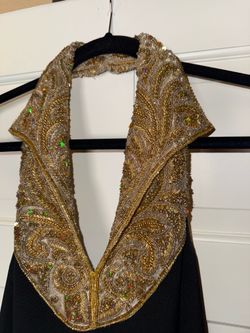 RUNWAY PIECE 🔥 Vintage Naeem Khan Riazee -  Couture Black Silk Beaded Dress - Gold Architectural Collar neckline