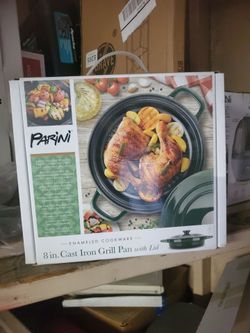 Parini 8 in cast iron grill pan green w/lid