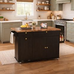 Island with Power Outlet & Drop Leaf, Kitchen Rolling Island with Spice Rack & Towel Rack, Knife Holder, Kitchen Island Cart with Trash Storage Cabine