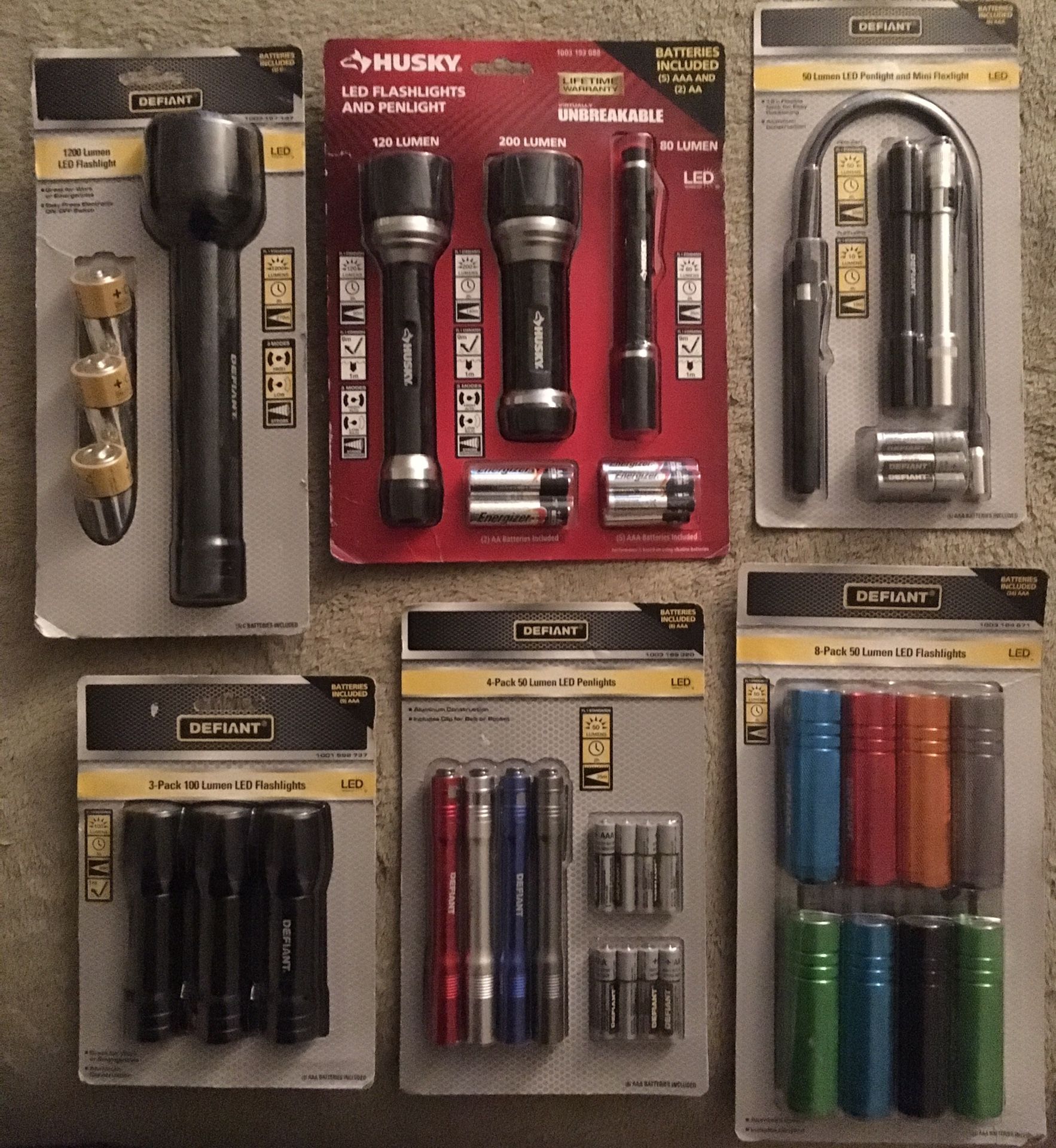Defiant & Husky Flashlight Sets w/ Batteries