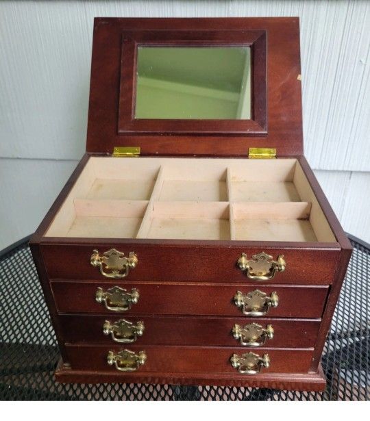 VTG Wood Chippendale Style Jewelry Box Chest Brass Pulls Lift Top Mirror