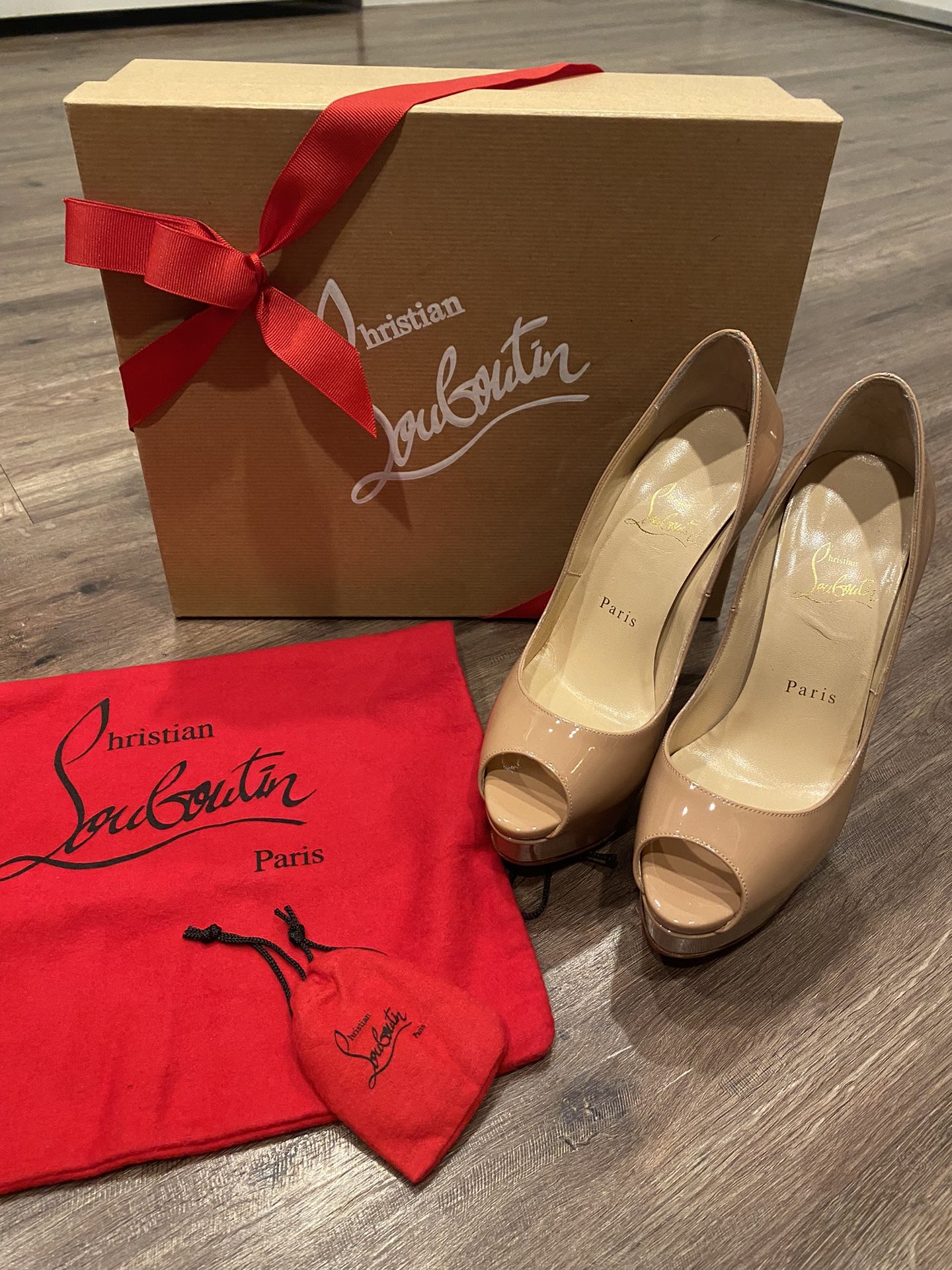Used Christian Louboutin Lady Peep 150 Parent Calf Nude Size 36.5
