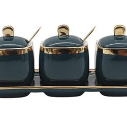 Porcelain Condiment Jar Spice Container with Tray Ceramic Serving Spoon and Lid, Spice Sugar Ceramic Condiment Pot Creative Seasoning Box for Your Hom