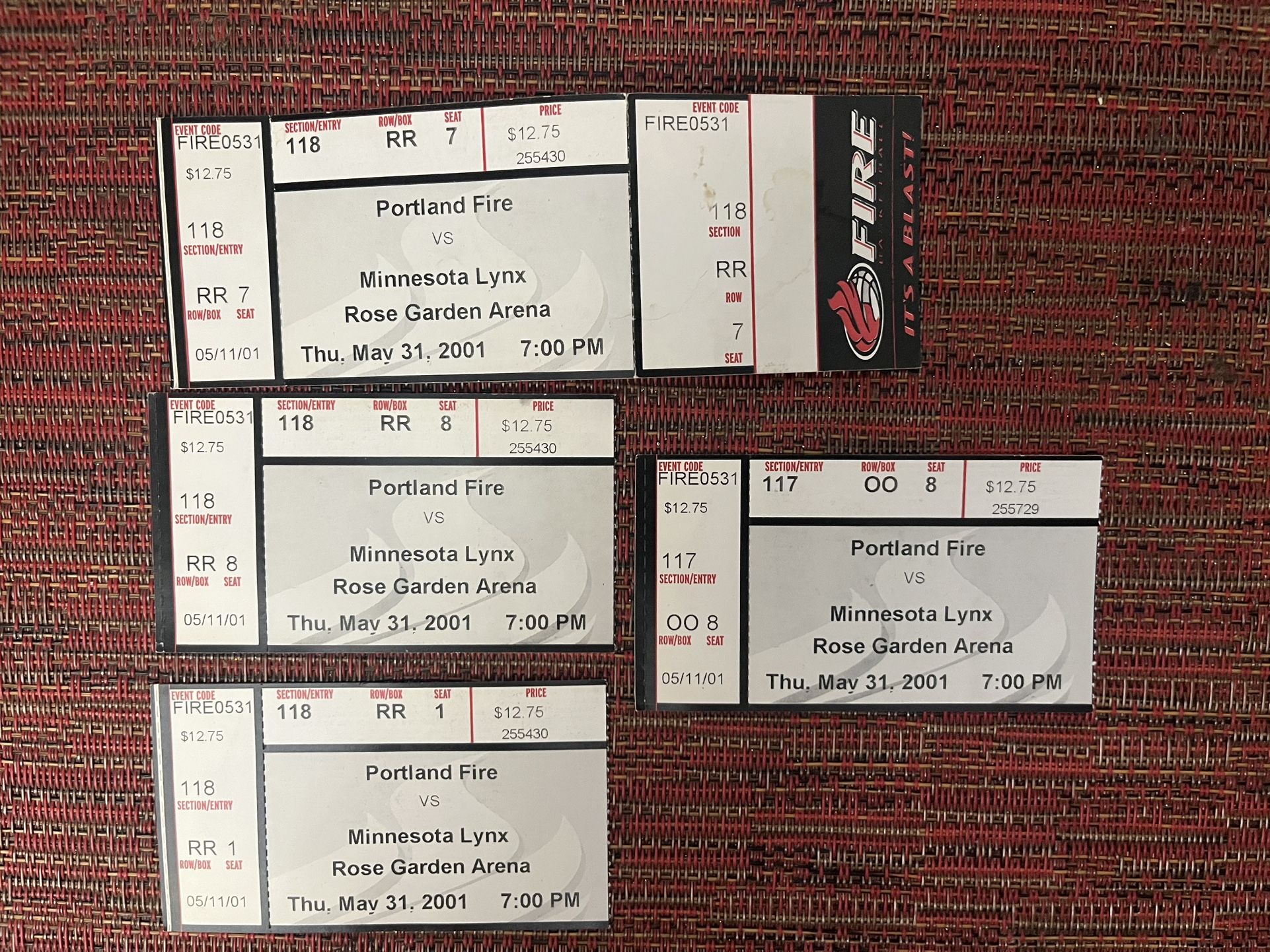 2001 Portland Fire Rose Garden Ticket & 3 Ticket Stubs May 31 Set of 4