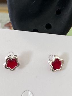 Silver 925 Red Flower Stud Earrings zirconia