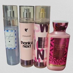 Ariana Grande perfume body mists, Bath and Body Works body mist and lotion and Bvlgari mini perfume