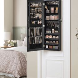 Mirror Jewelry Cabinet Armoire, Wall or Door Mounted Jewelry Storage, Hanging Lockable Frameless with 2 Plastic Cosmetic Organizers, Gift Idea, Black 