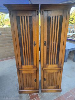 Pair of Mission Style Media Pier Cabinets w/ Built-In Lights - 71.5"x18"x16"