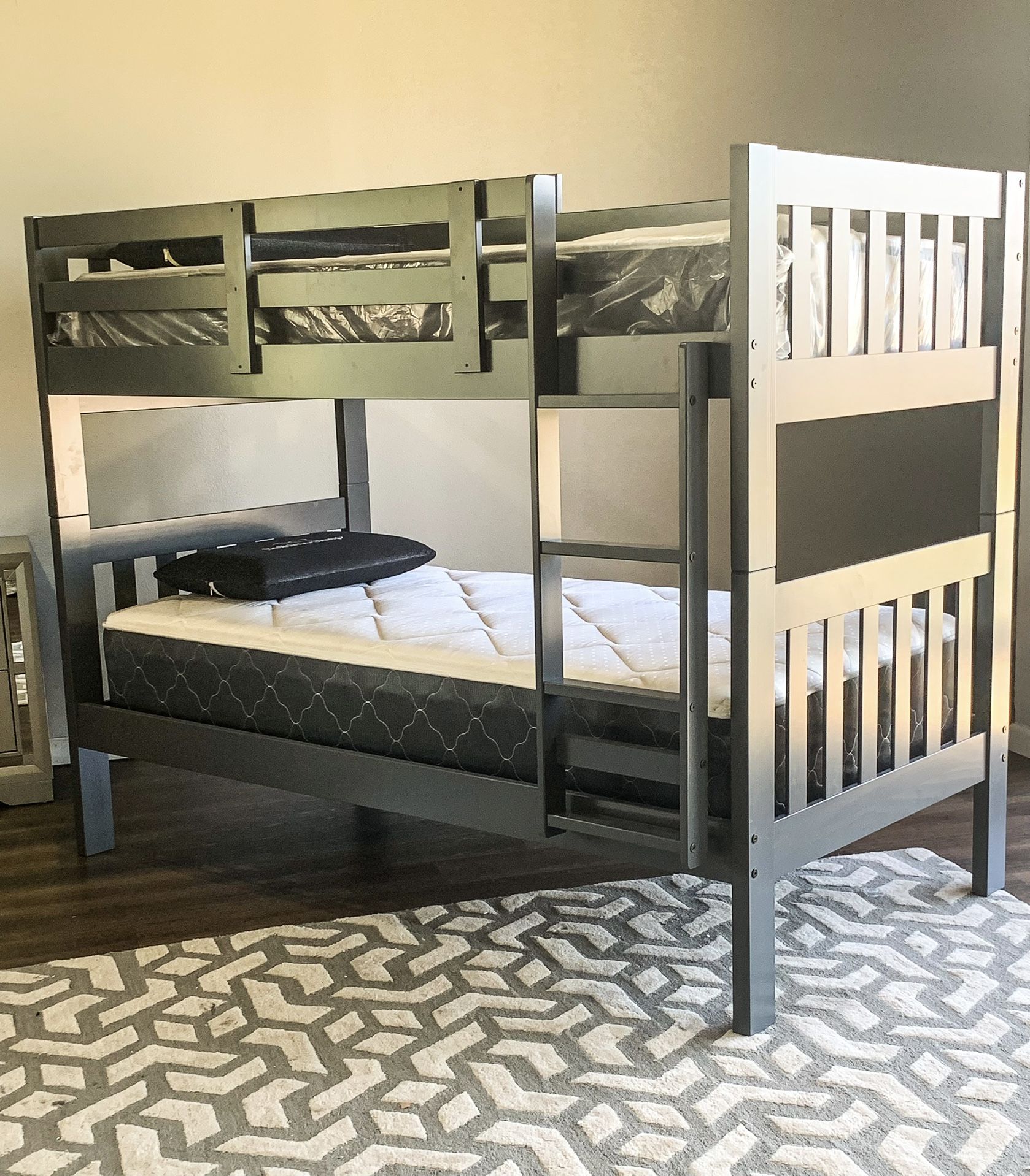 Brand New Grey Twin Over Twin Wooden Bunk Bed Frame With 2 New Mattress/Fast Delivery