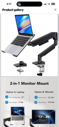 2 in 1 Function Laptop Mount with Tray, Fits 13-34″ Monitors & Up to 17″ Notebook, Ergonomic Laptop Arm with Full Motion Adjustment, Laptop Stand for 