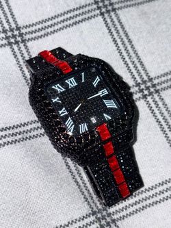 Mens Iced-out Watch - Black & Ruby Baguette Style