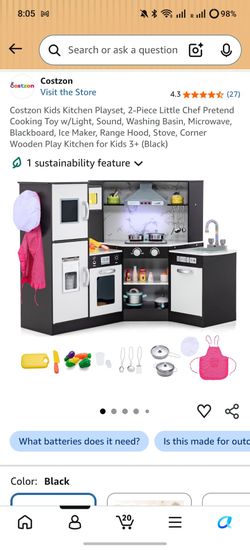 Kids Kitchen Playset, 2-Piece Little Chef Pretend Cooking Toy w/Light, Sound, Washing Basin, Microwave, Blackboard, Ice Maker, Range Hood, Stove, Corn