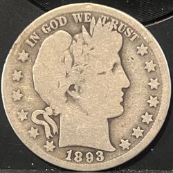 1893 S Barber Half Dollar • KEY DATE • San Francisco Mint • 90% Fine Silver Raw Ungraded Coin • G Good Condition • *Rare Find*