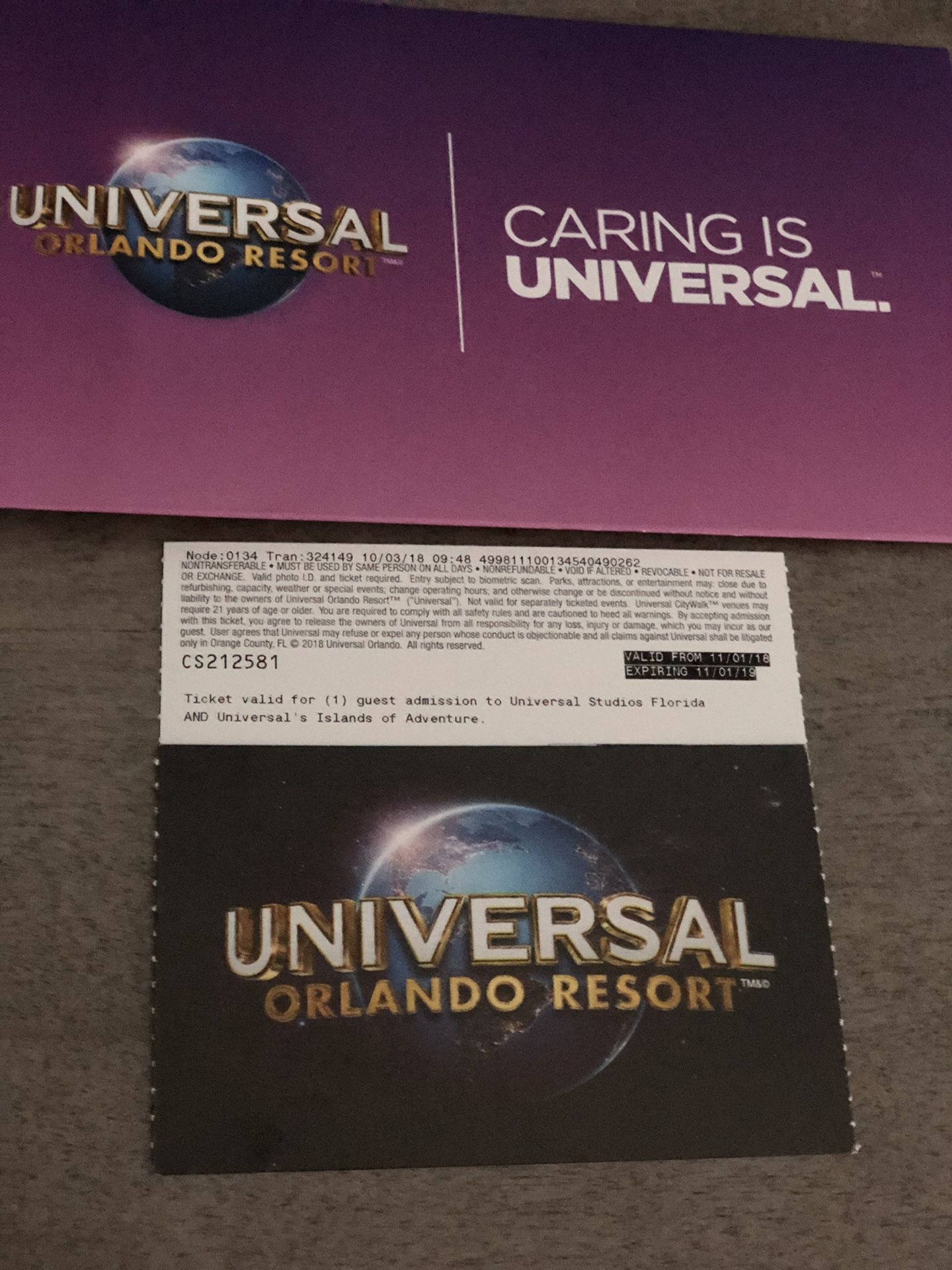 (2) 1 day 2 park (park to park) passes to Universal Orlando & Islands of Adventure