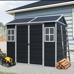 8 x 6ft Resin Outdoor Storage Shed Waterproof Shed with Floor & Two Windows & Lockable Door, Tool Shed for Garden, Patio, Backyard ,Black