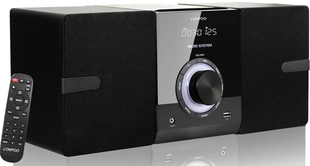 Home CD Stereo Shelf System - 30W Compact Micro Stereo System with CD Player, Bluetooth, FM Radio, Aux-in, USB Playback, 2-Way Music Crisp-Sound, DSP-