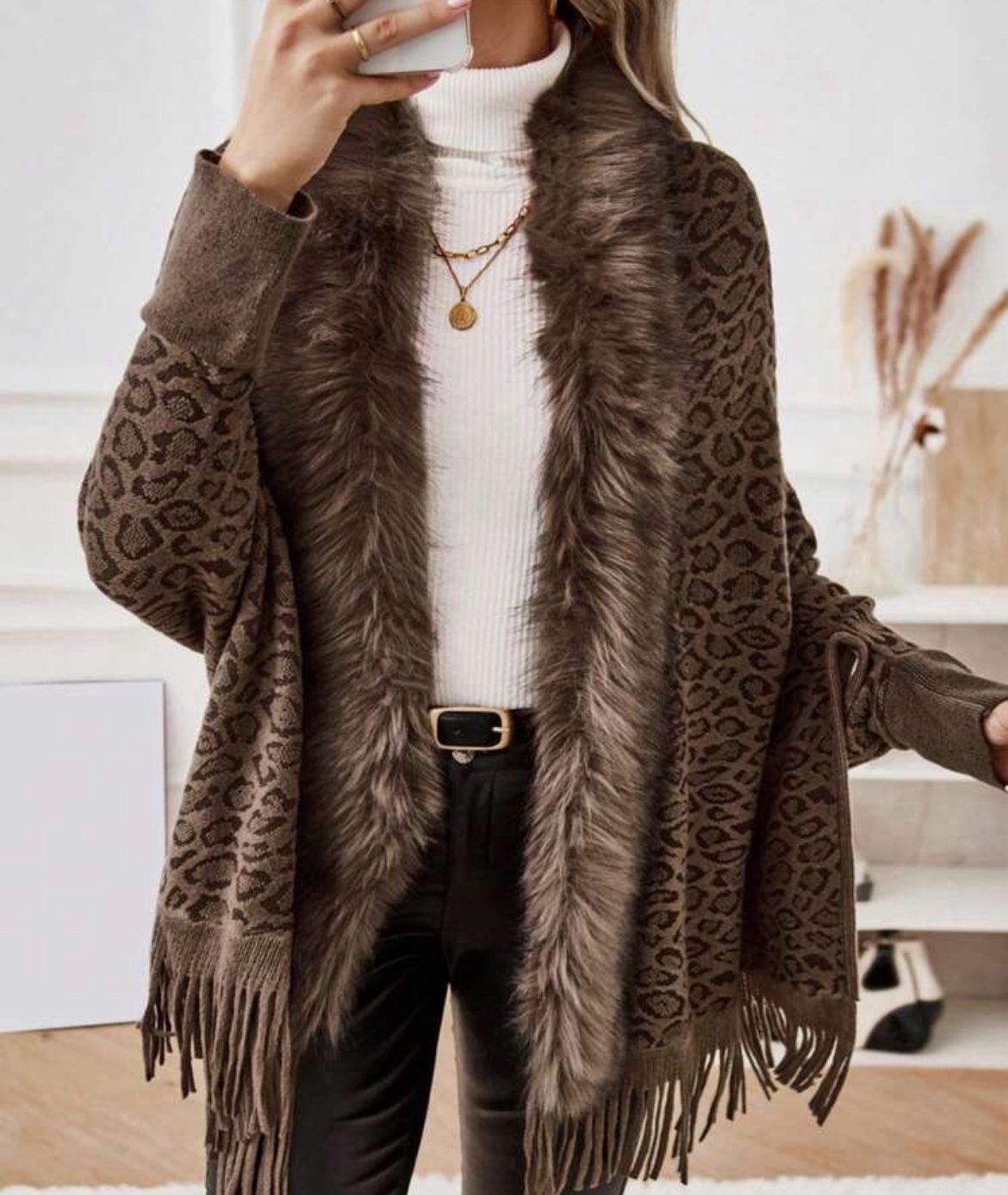 Leopard Print Fuzzy Trim Fringe Hem Batwing Sleeve Cardigan, Women's Casual Colorblock Fluffy Spring/Autumn, Fringe Batwing Sleeve Regular Fit Mult