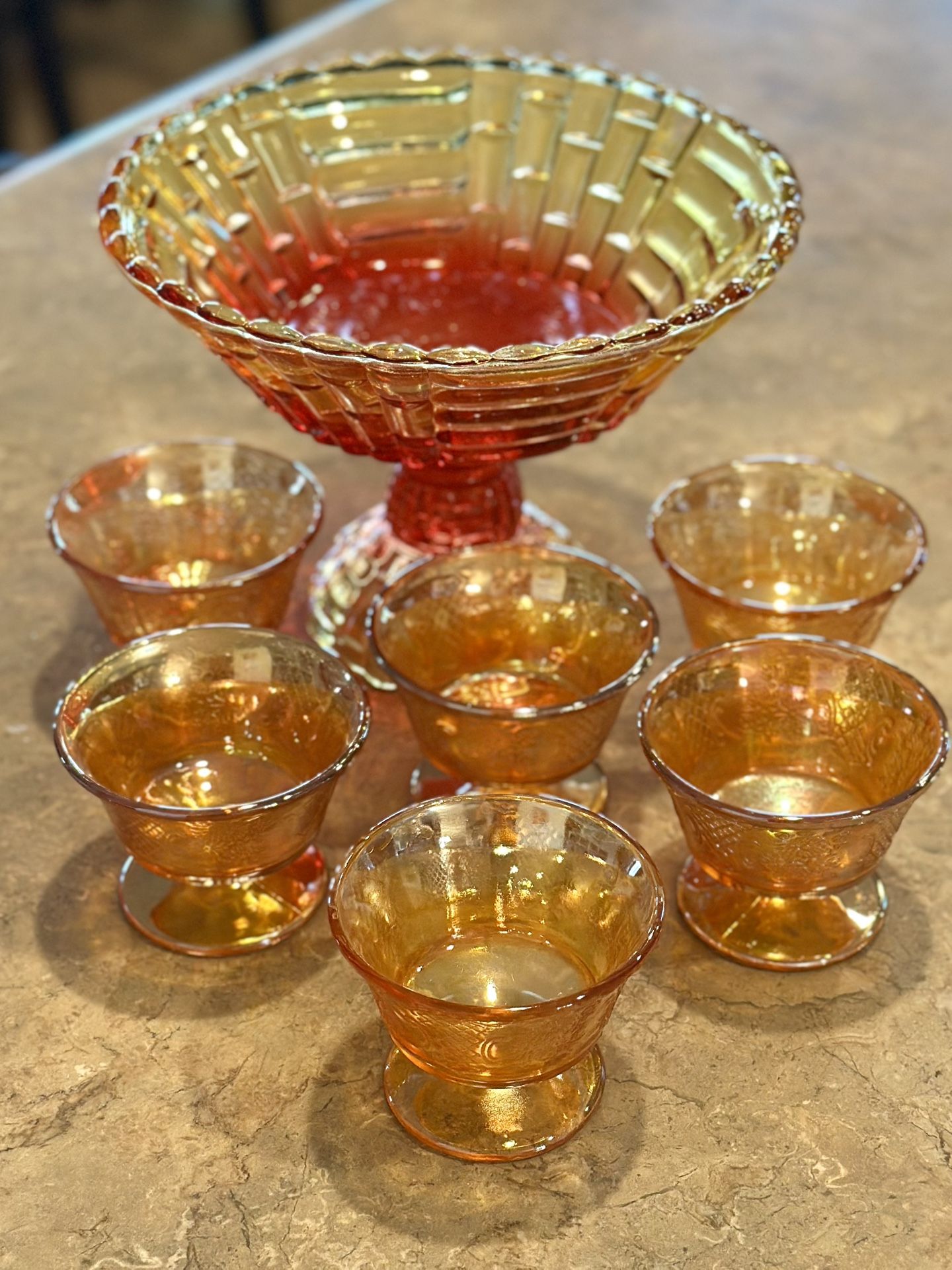 ✨ Vintage Amber Glass Dessert Set – Pedestal Bowl + 6 Coordinating Cups ✨