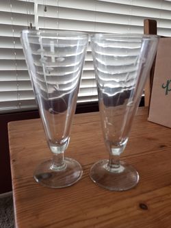 Princess House Heritage Etched Crystal Pilsner Glasses #442, 7-1/2" tall. Two in a box. Three boxes available. $15 each