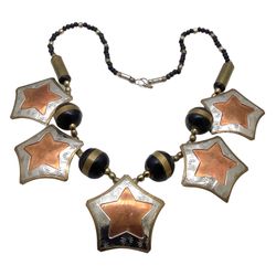 African Mixed Metals Star Dangles Necklace, Dyed Bone Beads, Ethnic Tribal Jewelry, Boho Hippie Gypsy Accessory