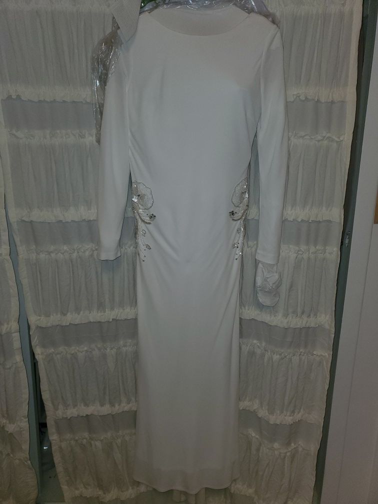 badgley mischka ivory jersey beaded hip long sleeve evening gown