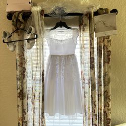 First Communion Flower Girl White Bonnie Jean Dress Size 8 with Beaded Veil, Flower Crown, Shoes