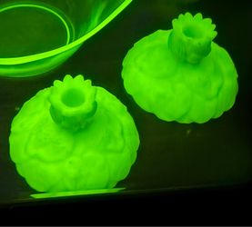 Fenton Water Lily Pattern Candle Holders - Uranium Custard Lime Glass with a satin-finish glows brightly under UV light.