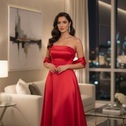 Urban Girl  Nites Red Strapless Prom/ Evening Dress With Wrap