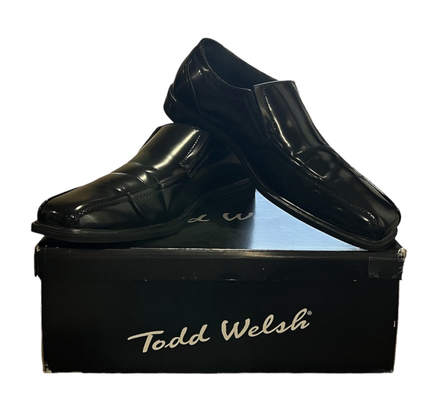 Todd Welsh Men's Slip-on Leather Square Toes Dress Shoes Black Sz 8.5 Med w/ Orig Box
