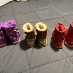  Girl Boots.. Colorful Purple UGGS size 8 Good Condition $45).Red Fair Condition Size 9 $40..)Tan size 10..Good Condition $55..(All 3 Pairs $120👇🏽