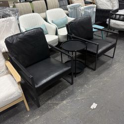 Leather Accent Chair Set of 2 Sofa Chair with Extra-Thick Padded Backrest and Seat Cushion Single Sofa for Living Room Bedroom, Black Metal Frame, 105