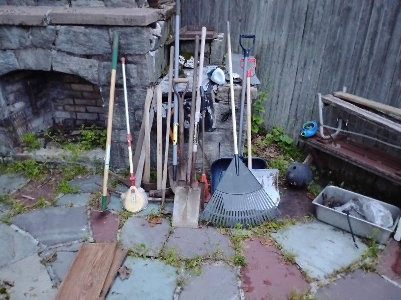 Various Garden Tools From Pickaxes To Shovels To Ranks Snow Shovels Electric Weed Wackers All For 50 Bucks